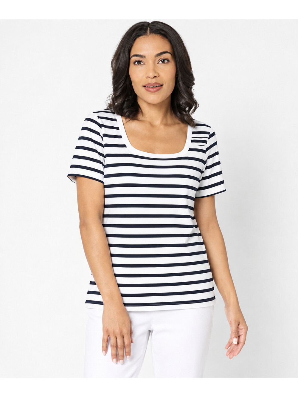 Isaac Mizrahi Live! Essentials Pima Rib Striped Tee Bright White, Size Medium